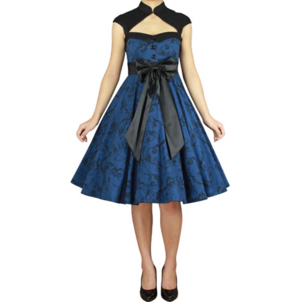 PLUS SIZE BLUE AND BLACK PRINTED ARCHAIZE PINUP DRESS Size M